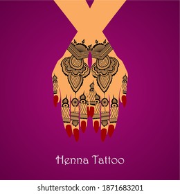 Element Yoga mudra Hände mit Henna Kunst. Vektorgrafik für ein Yoga-Studio, Tattoo, Spas, Postkarten, Souvenirs. Indischer traditioneller Lebensstil.