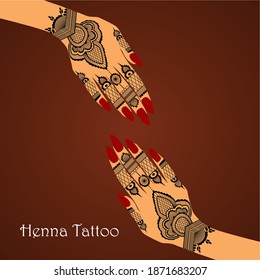 Element yoga mudra hands with henna art. Vector illustration for a yoga studio, tattoo, spas, postcards, souvenirs. Indian traditional lifestyle.