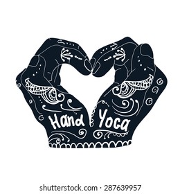 Element yoga mudra hands with mehendi patterns. Vector illustration for a yoga studio, tattoo, spas, postcards, souvenirs. Indian traditional lifestyle.