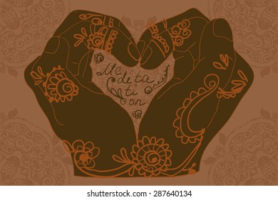 Element yoga mudra hands with mehendi patterns. Vector illustration for a yoga studio, tattoo, spas, postcards, souvenirs. Indian traditional lifestyle.