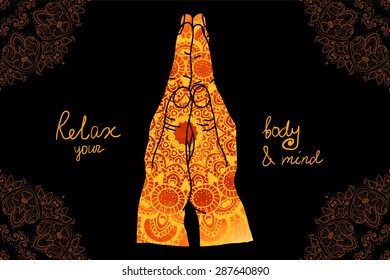 Element yoga mudra hands with mehendi patterns. Vector illustration for a yoga studio, tattoo, spas, postcards, souvenirs. Indian traditional lifestyle.