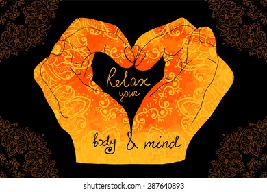 Element yoga mudra hands with mehendi patterns. Vector illustration for a yoga studio, tattoo, spas, postcards, souvenirs. Indian traditional lifestyle.