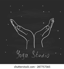 Element yoga mudra hands with mehendi patterns. Vector illustration for a yoga studio, tattoo, spas, postcards, souvenirs. Indian traditional lifestyle.