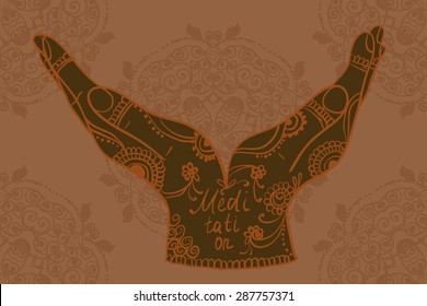 Element yoga mudra hands with mehendi patterns. Vector illustration for a yoga studio, tattoo, spas, postcards, souvenirs. Indian traditional lifestyle.