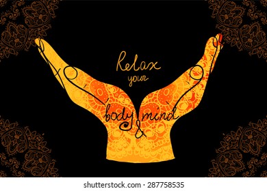 Element yoga mudra hands with mehendi patterns. Vector illustration for a yoga studio, tattoo, spas, postcards, souvenirs. Indian traditional lifestyle.