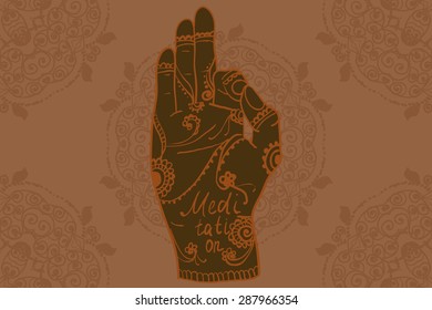 Element yoga mudra hands with mehendi patterns. Vector illustration for a yoga studio, tattoo, spas, postcards, souvenirs. Indian traditional lifestyle.