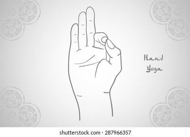 Element yoga mudra hands with mehendi patterns. Vector illustration for a yoga studio, tattoo, spas, postcards, souvenirs. Indian traditional lifestyle.