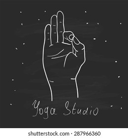 Element yoga mudra hands with mehendi patterns. Vector illustration for a yoga studio, tattoo, spas, postcards, souvenirs. Indian traditional lifestyle.