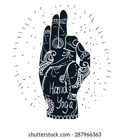 Element yoga mudra hands with mehendi patterns. Vector illustration for a yoga studio, tattoo, spas, postcards, souvenirs. Indian traditional lifestyle.