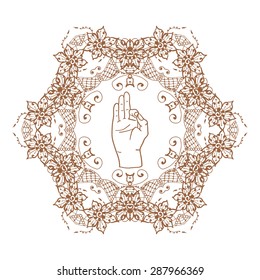 Element yoga mudra hands with mehendi patterns. Vector illustration for a yoga studio, tattoo, spas, postcards, souvenirs. Indian traditional lifestyle.