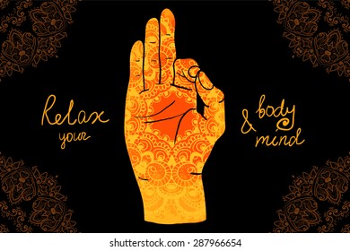 Element yoga mudra hands with mehendi patterns. Vector illustration for a yoga studio, tattoo, spas, postcards, souvenirs. Indian traditional lifestyle.