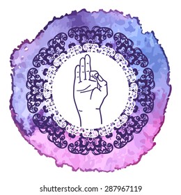 Element yoga mudra hands with mehendi patterns. Vector illustration for a yoga studio, tattoo, spas, postcards, souvenirs. Indian traditional lifestyle.