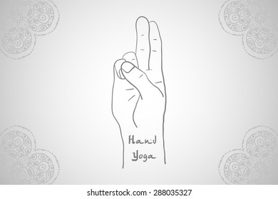 Element yoga mudra hands with mehendi patterns. Vector illustration for a yoga studio, tattoo, spas, postcards, souvenirs. Indian traditional lifestyle.