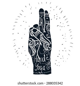 Element yoga mudra hands with mehendi patterns. Vector illustration for a yoga studio, tattoo, spas, postcards, souvenirs. Indian traditional lifestyle.Pran Mudra 