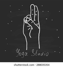 Element yoga mudra hands with mehendi patterns. Vector illustration for a yoga studio, tattoo, spas, postcards, souvenirs. Indian traditional lifestyle.