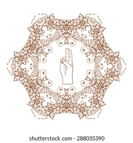 Element yoga mudra hands with mehendi patterns. Vector illustration for a yoga studio, tattoo, spas, postcards, souvenirs. Indian traditional lifestyle.