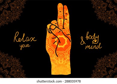 Element yoga mudra hands with mehendi patterns. Vector illustration for a yoga studio, tattoo, spas, postcards, souvenirs. Indian traditional lifestyle.