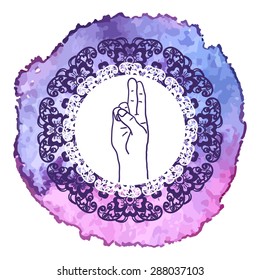 Element yoga mudra hands with mehendi patterns. Vector illustration for a yoga studio, tattoo, spas, postcards, souvenirs. Indian traditional lifestyle.