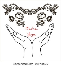 Element yoga mudra hands with mehendi patterns. Vector illustration for a yoga studio, tattoo, spa, postcards, souvenirs. Indian traditional lifestyle.