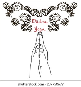 Element yoga mudra hands with mehendi patterns. Vector illustration for a yoga studio, tattoo, spa, postcards, souvenirs. Indian traditional lifestyle.