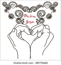 Element yoga mudra hands with mehendi patterns. Vector illustration for a yoga studio, tattoo, spa, postcards, souvenirs. Indian traditional lifestyle.