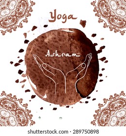 Element yoga mudra hands with mehendi patterns. Vector illustration for a yoga studio, tattoo, spa, postcards, souvenirs. Indian traditional lifestyle.