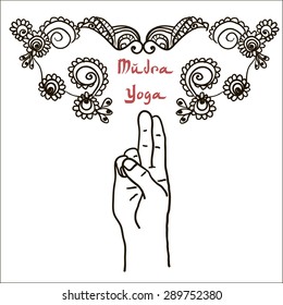 Element yoga mudra hands with mehendi patterns. Vector illustration for a yoga studio, tattoo, spa, postcards, souvenirs. Indian traditional lifestyle.Pran Mudra 