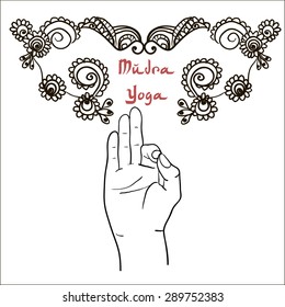 Element yoga mudra hands with mehendi patterns. Vector illustration for a yoga studio, tattoo, spa, postcards, souvenirs. Indian traditional lifestyle.