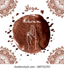 Element yoga mudra hands with mehendi patterns. Vector illustration for a yoga studio, tattoo, spa, postcards, souvenirs. Indian traditional lifestyle.Pran Mudra 