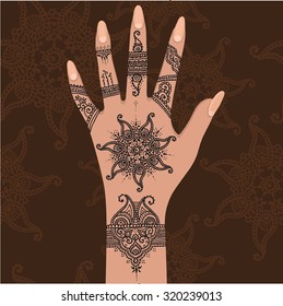 Element yoga mudra hands with mehendi patterns. Vector illustration for a yoga studio, tattoo, spas, postcards, souvenirs. Indian traditional lifestyle.
