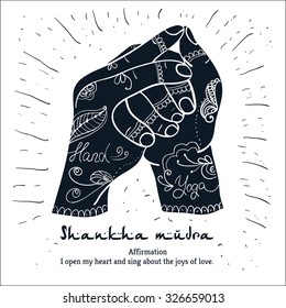 Element yoga Shankh?  mudra hands with mehendi patterns. Vector illustration for a yoga studio, tattoo, spa, postcards, souvenirs. 