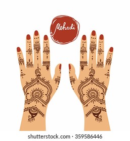 Element yoga mudra hands with mehendi patterns. Vector illustration for a yoga studio, tattoo, spas, postcards, souvenirs. Indian traditional lifestyle.