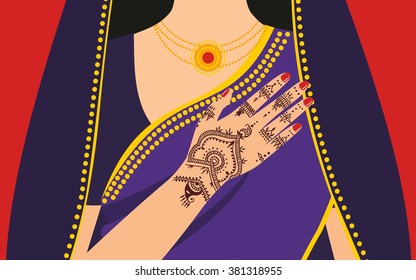 Element yoga mudra hands with mehendi patterns. Vector illustration for a yoga studio, tattoo, spas, postcards, souvenirs. Indian traditional lifestyle.