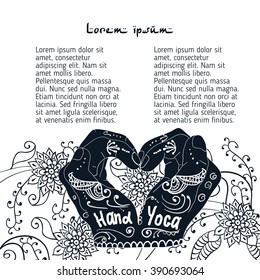  Element yoga  mudra hands with mehendi patterns. Vector illustration for a yoga studio, tattoo, spa, postcards, souvenirs.