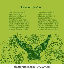  Element yoga mudra hands with mehendi patterns. Vector illustration for a yoga studio, tattoo, spa, postcards, souvenirs.