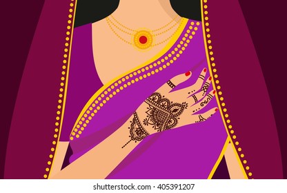 Element yoga mudra hands with mehendi patterns. Vector illustration for a yoga studio, tattoo, spas, postcards, souvenirs. Indian traditional lifestyle.