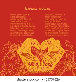  Element yoga  mudra hands with mehendi patterns. Vector illustration for a yoga studio, tattoo, spa, postcards, souvenirs.