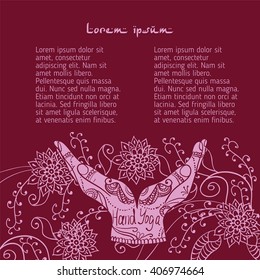  Element yoga mudra hands with mehendi patterns. Vector illustration for a yoga studio, tattoo, spa, postcards, souvenirs.
