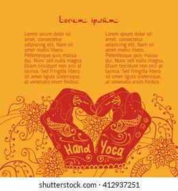  Element yoga  mudra hands with mehendi patterns. Vector illustration for a yoga studio, tattoo, spa, postcards, souvenirs.
