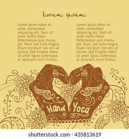  Element yoga  mudra hands with mehendi patterns. Vector illustration for a yoga studio, tattoo, spa, postcards, souvenirs.