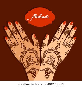 Element yoga mudra hands with mehendi patterns. Vector illustration for a yoga studio, tattoo, spas, postcards, souvenirs. Indian traditional lifestyle.