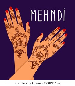 Element yoga mudra hands with mehendi patterns. Vector illustration for a yoga studio, tattoo, spas, postcards, souvenirs. Indian traditional lifestyle.