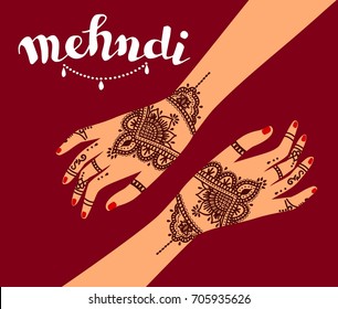 Element yoga mudra hands with mehendi patterns. Vector illustration for a yoga studio, tattoo, spas, postcards, souvenirs. Indian traditional lifestyle.