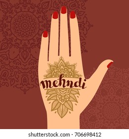 Element yoga mudra hands with mehendi patterns. Vector illustration for a yoga studio, tattoo, spas, postcards, souvenirs. Indian traditional lifestyle.