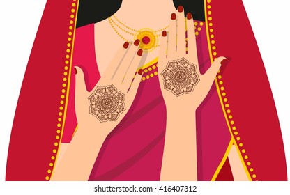 Element yoga mudra hands with mehndi patterns. Vector illustration for a yoga studio, tattoo, spas, postcards, souvenirs. Indian traditional lifestyle.