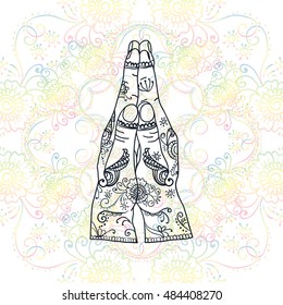 Element yoga mudra hands namaste with mehndi patterns. Vector illustration. Indian traditional lifestyle.