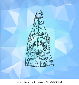 Element yoga mudra hands namaste with mehndi patterns. Vector illustration. Indian traditional lifestyle.