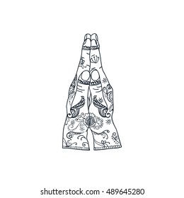 Element yoga mudra hands namaste with mehndi patterns. illustration. Indian traditional lifestyle.