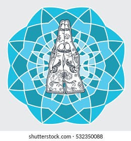 Element yoga mudra hands namaste with mehndi patterns. Vector illustration. Indian traditional lifestyle.
