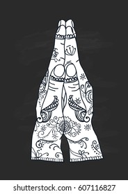 Element yoga mudra hands namaste with mehndi patterns. Vector illustration. Indian traditional lifestyle.